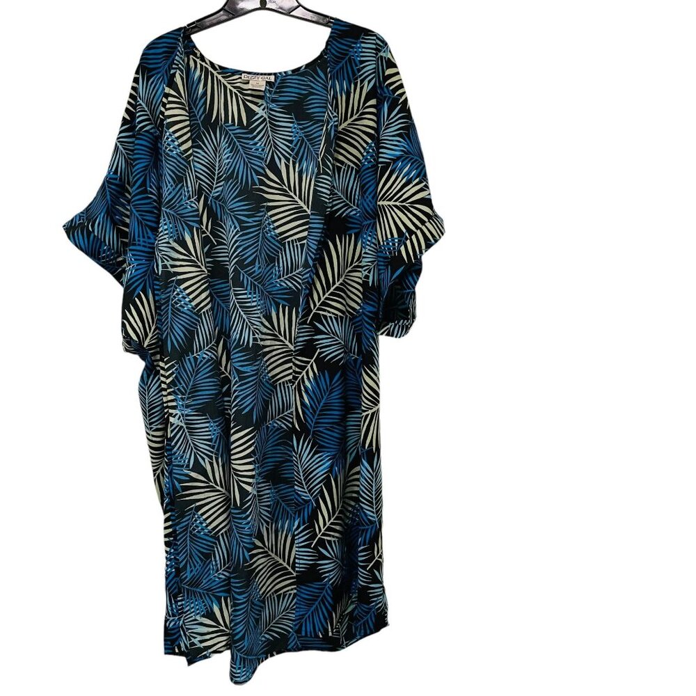 Dizzy Gal Womens Open Dusters Caftan Dress Tropical Palm  Leaf Print Blue Size 1